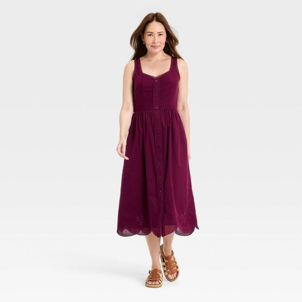 Sleeveless Button-Front Midi Dress in Deep Berry